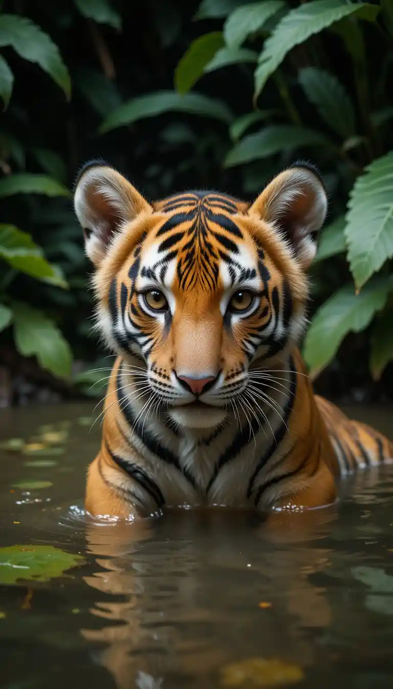 Baby tiger staring from murky jungle water close up