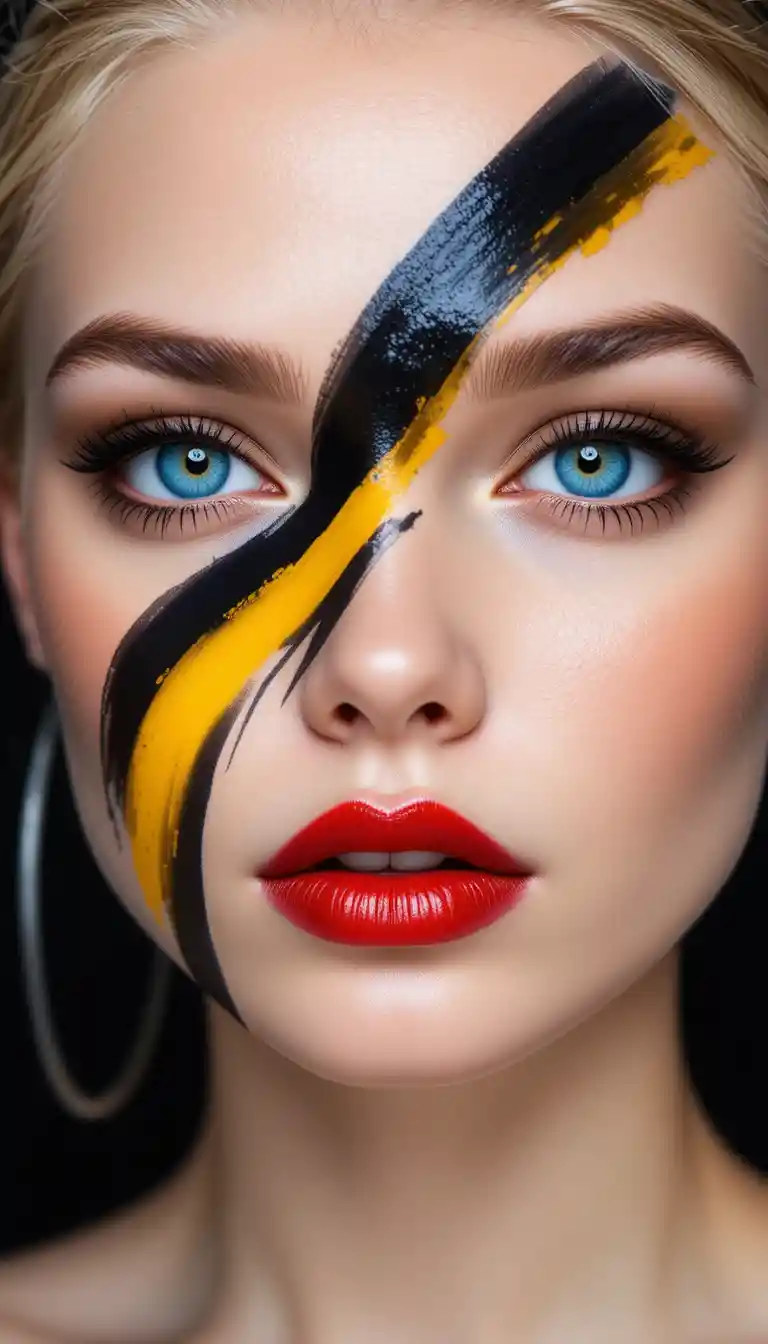 Edgy close up portrait of a woman with bold stripes