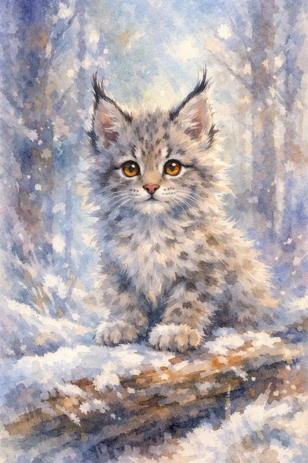 Baby lynx kitten on snowy log in tranquil winter forest