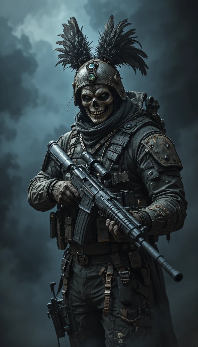 Masked skeletal soldier aiming sniper rifle in smoky haze