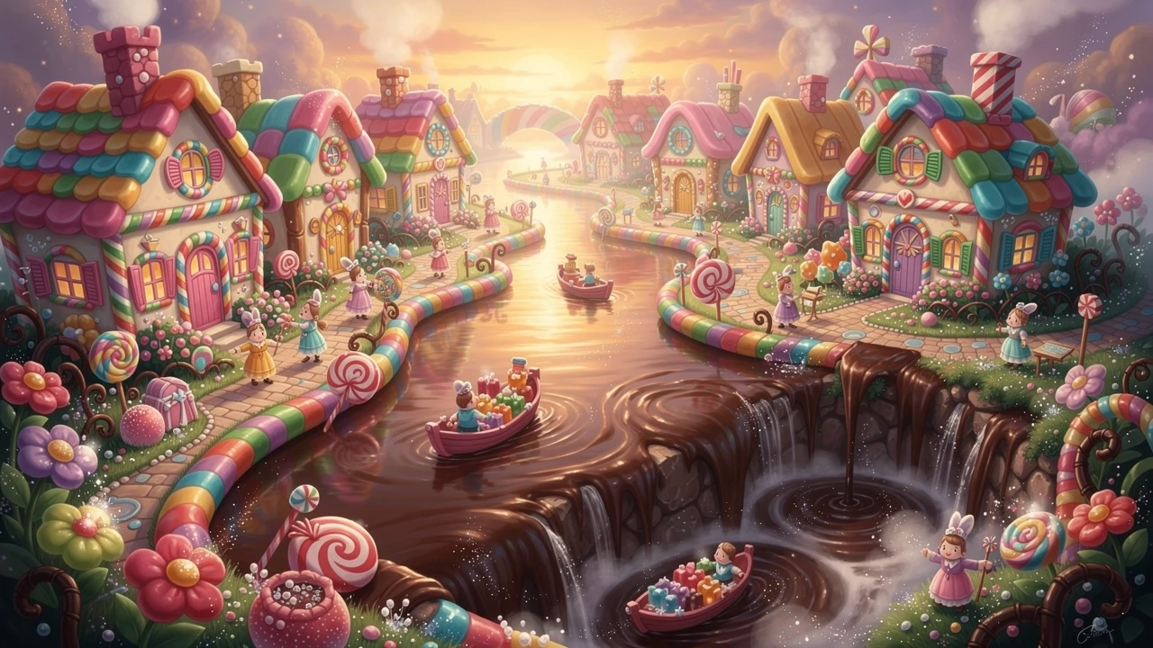 Miniature candy town with chocolate river and lollipop paths