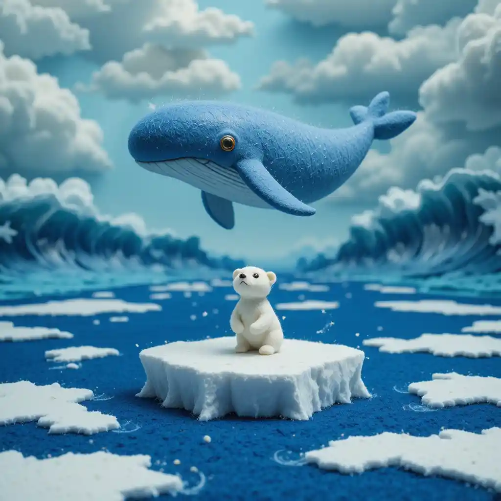 Tiny felt polar bear on ice in blue arctic sea