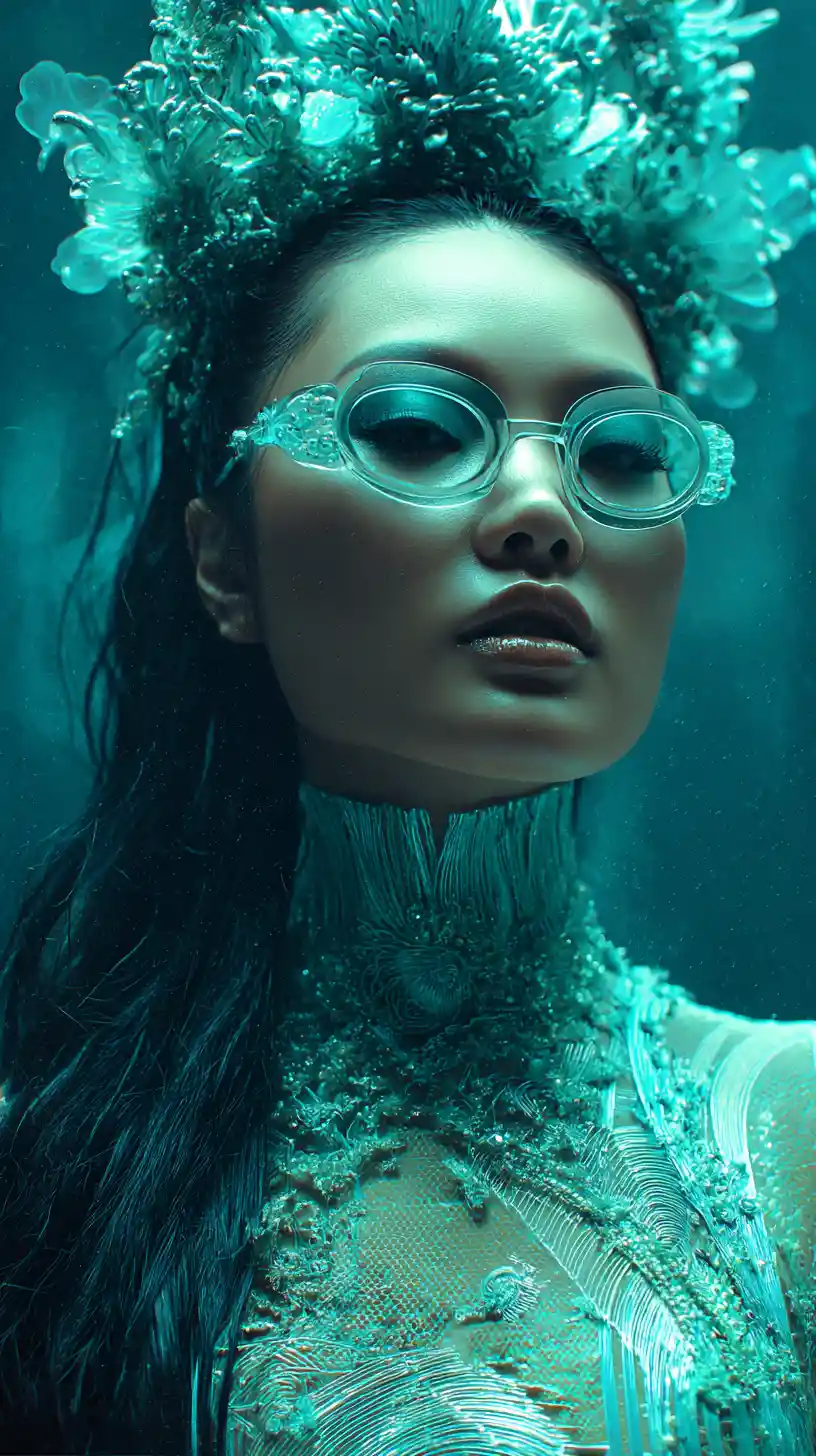 Futuristic Asian fashion model in aquatic inspired outfit