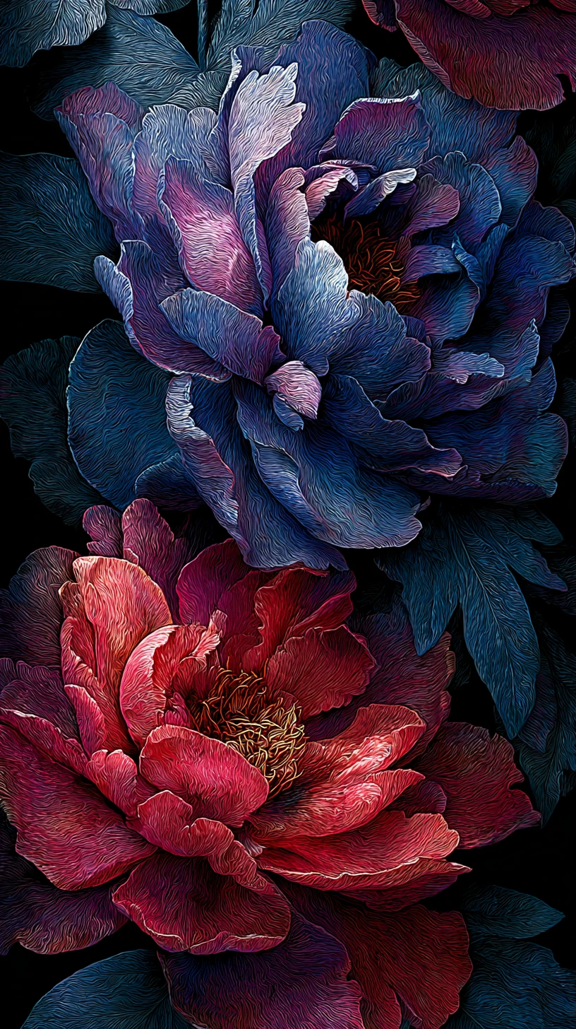 Blue and red peonies swirling in dramatic cinematic light