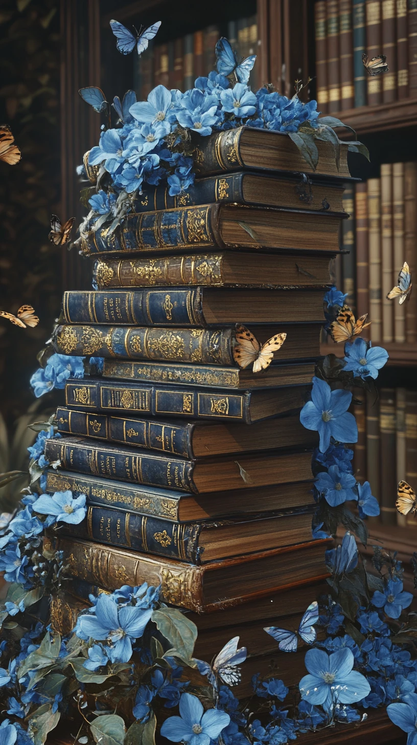 Pila de libros antiguos con flores y mariposas
