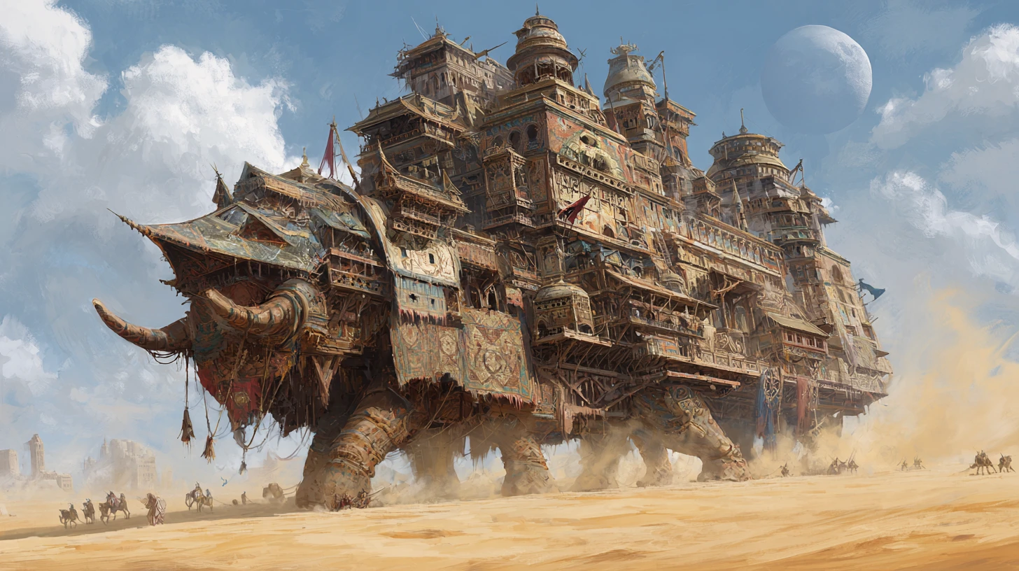 Nomadic beast borne caravan city crossing an alien desert