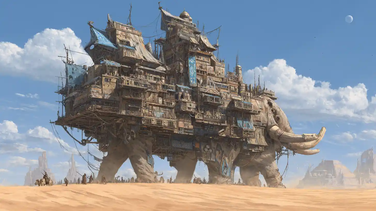 Nomadic caravan city crossing an alien desert under twin moons