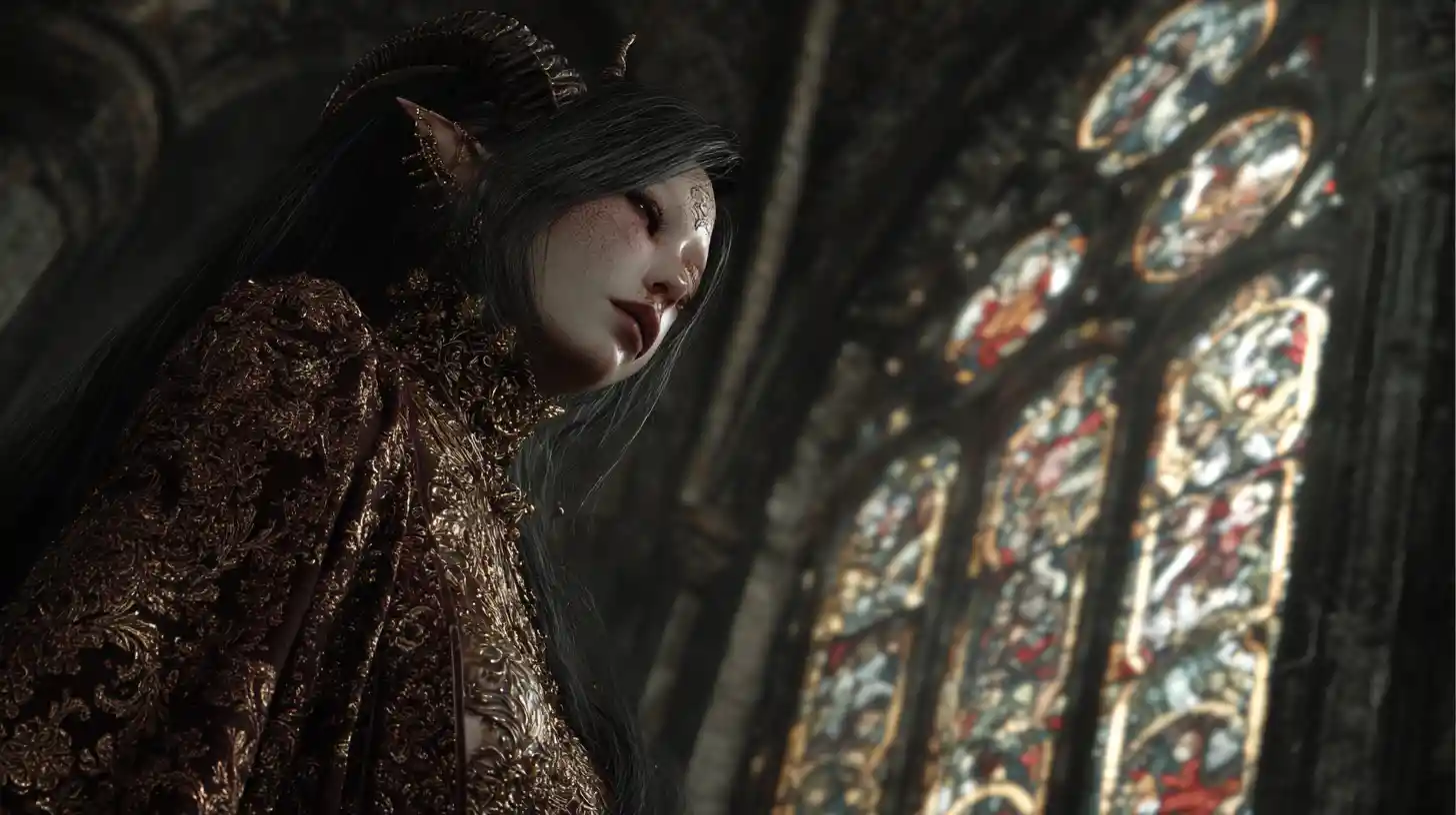 Sacerdotessa demoniaca che guarda verso la luce in una cappella in ombra