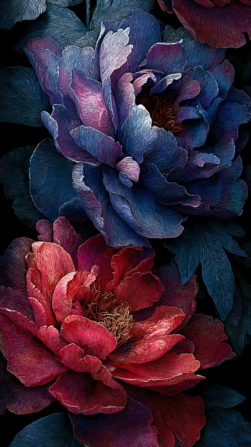 Blue and red peonies swirling in dramatic cinematic light