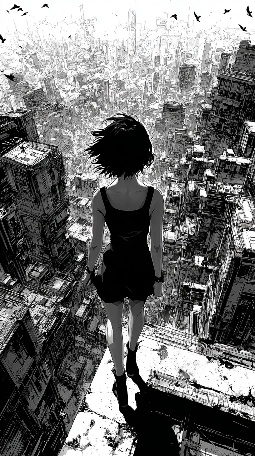 Anime woman on rooftop ledge above dystopian city