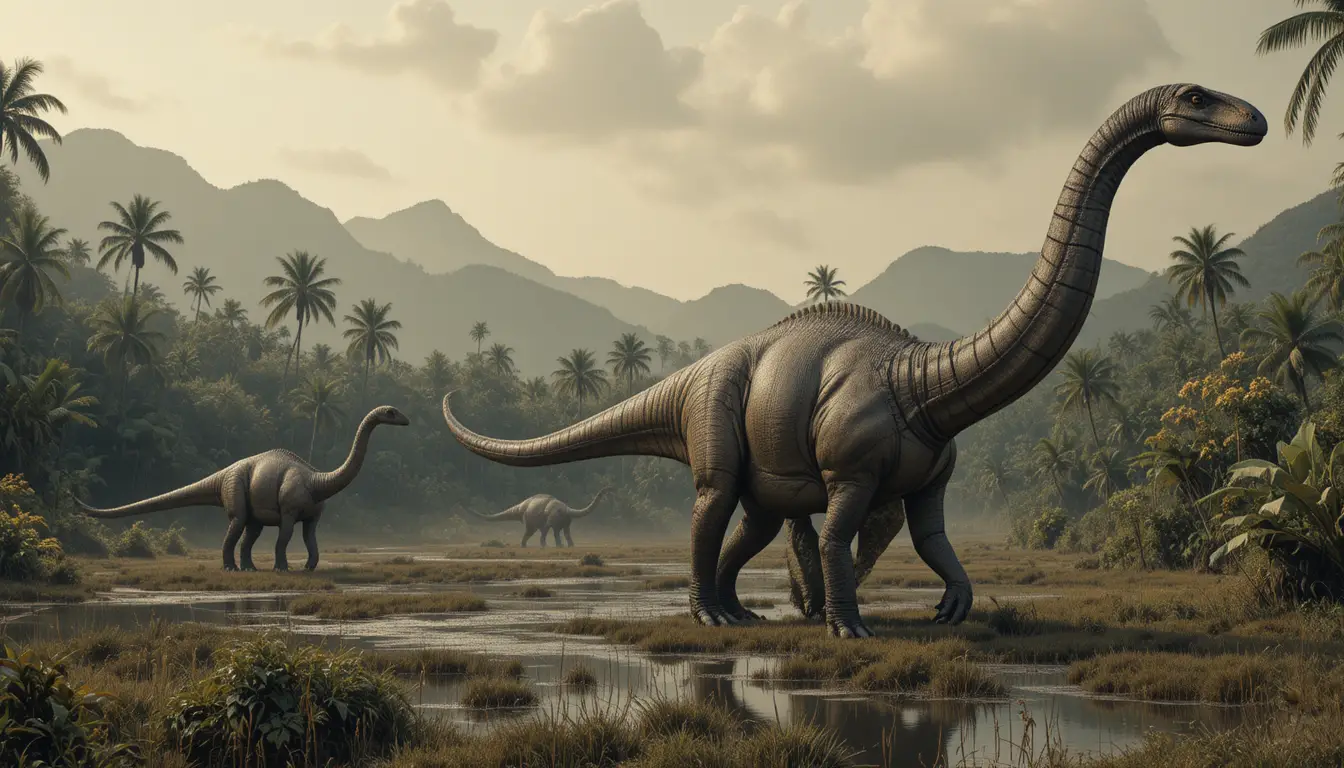 Two giant sauropod dinosaurs in a misty prehistoric jungle