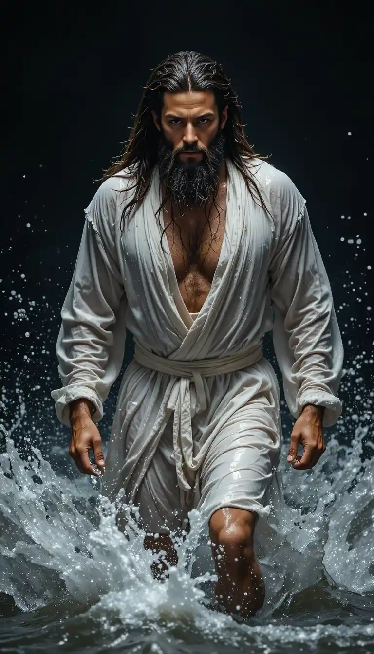 Determined man in wet robe walking through raging water
