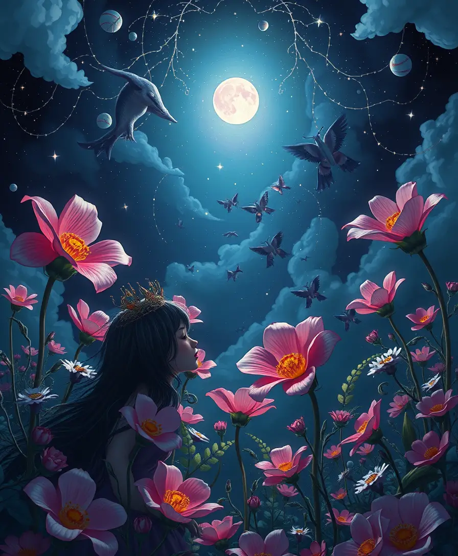 Flores nocturnas caprichosas que florecen bajo una luz mística cenital