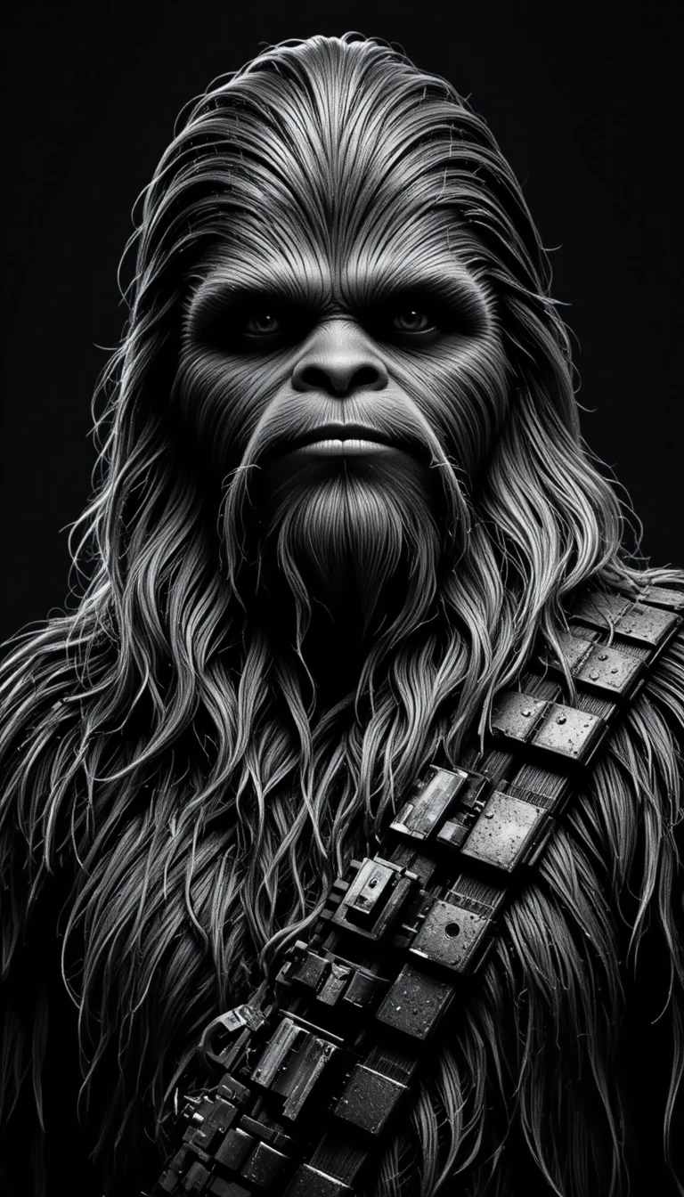 Portrait en noir et blanc sombre d’une créature sauvage et poilue