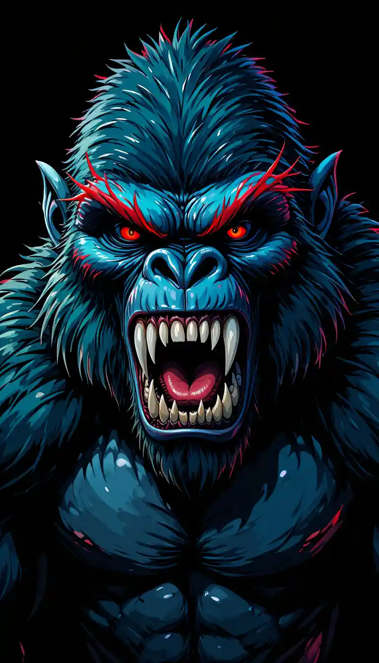 Gorilla feroce in stile cartoon con occhi rossi luminosi su sfondo nero