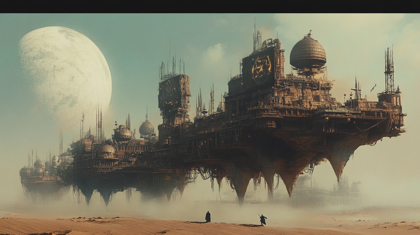 Nomadic caravan city on ancient beasts crossing alien desert
