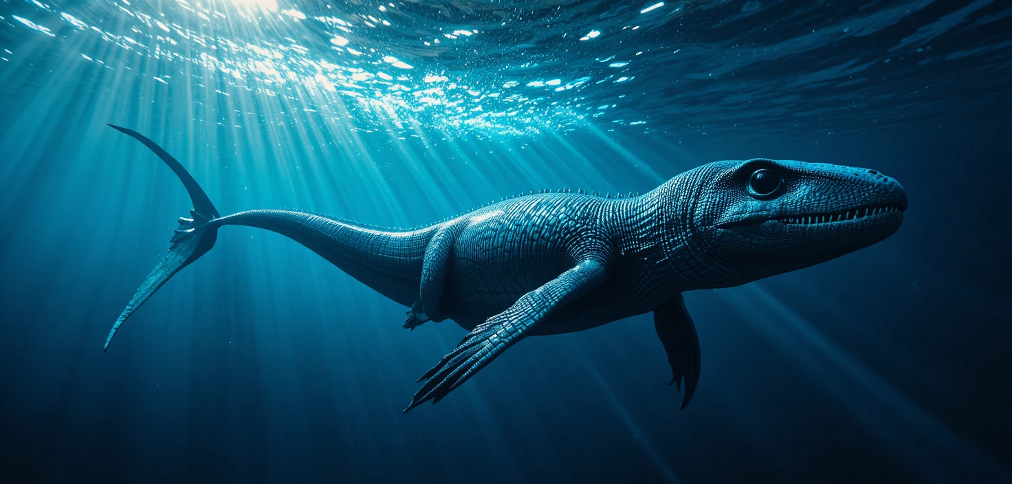 Ancient marine reptile gliding through deep blue ocean