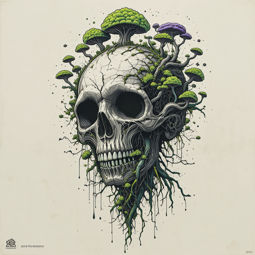 Organic mycelium skull t shirt design with neon accents