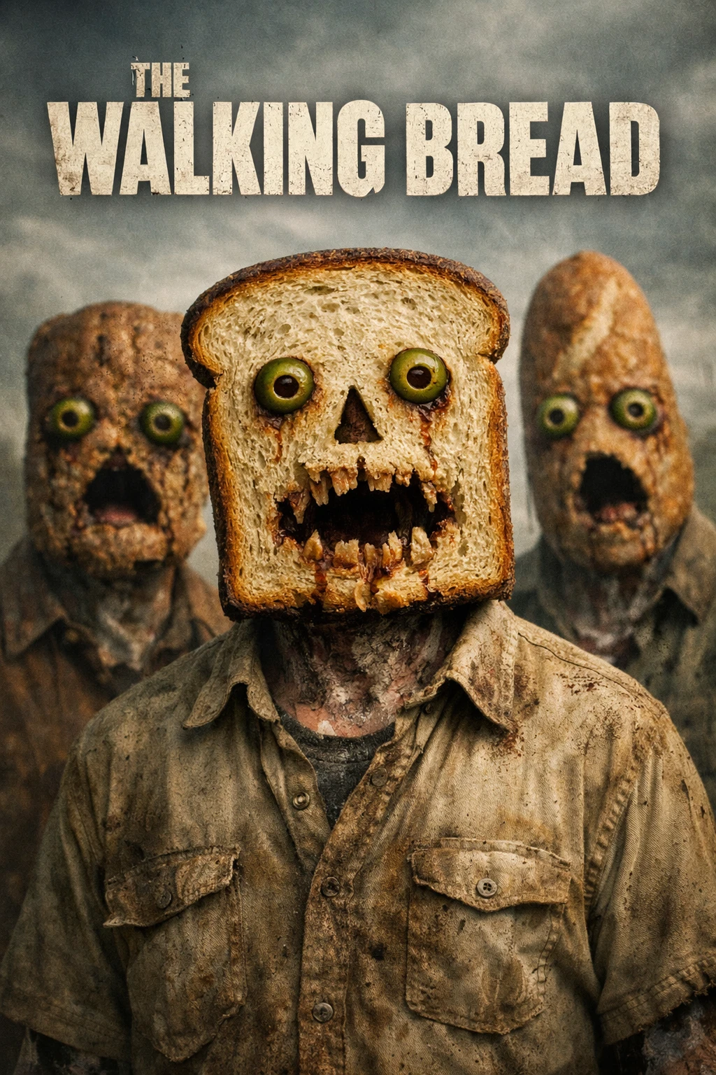 Zombie bread people under a bleak overcast sky poster