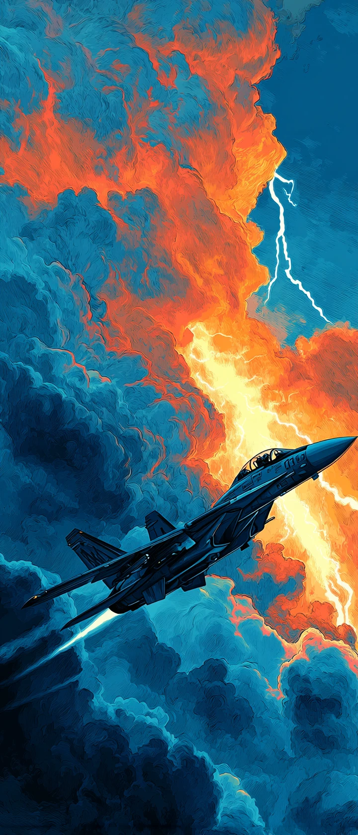 Anime fighter jet pilot bursting through stormy sky