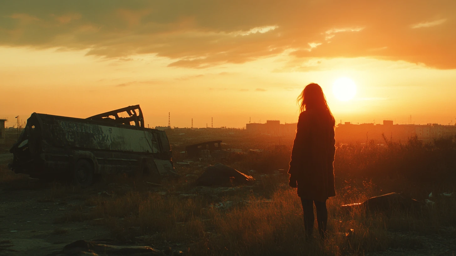 Young woman and father crossing a desolate wasteland
