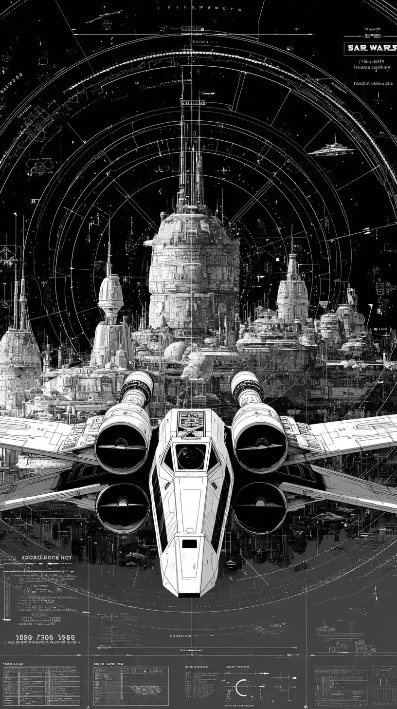 Minimalist black and white sci fi spacecraft poster design