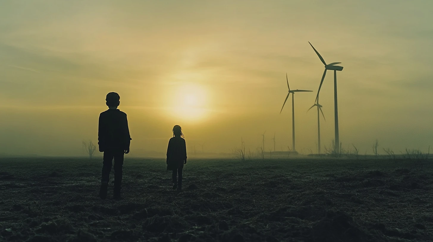 Young woman walking with her father across barren wasteland