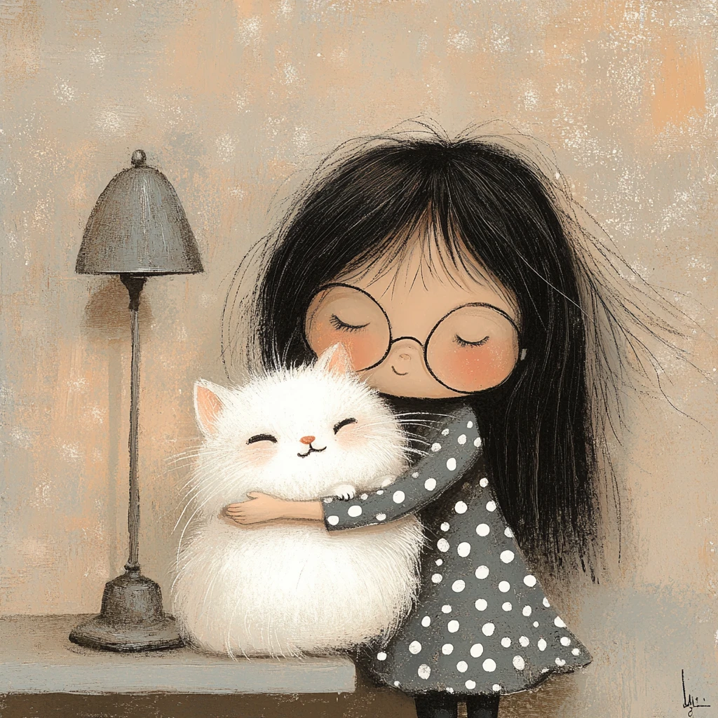 Chica con gafas abrazando a un gato blanco esponjoso – ilustración