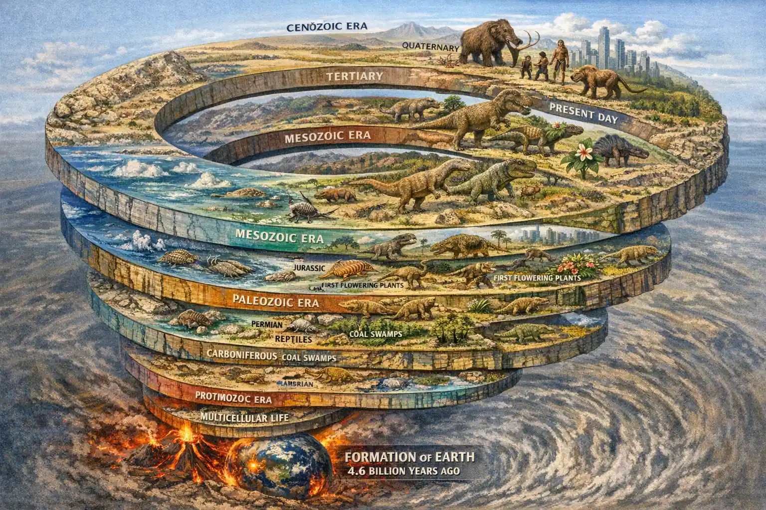 Spiral illustration of geologic time and life on Earth