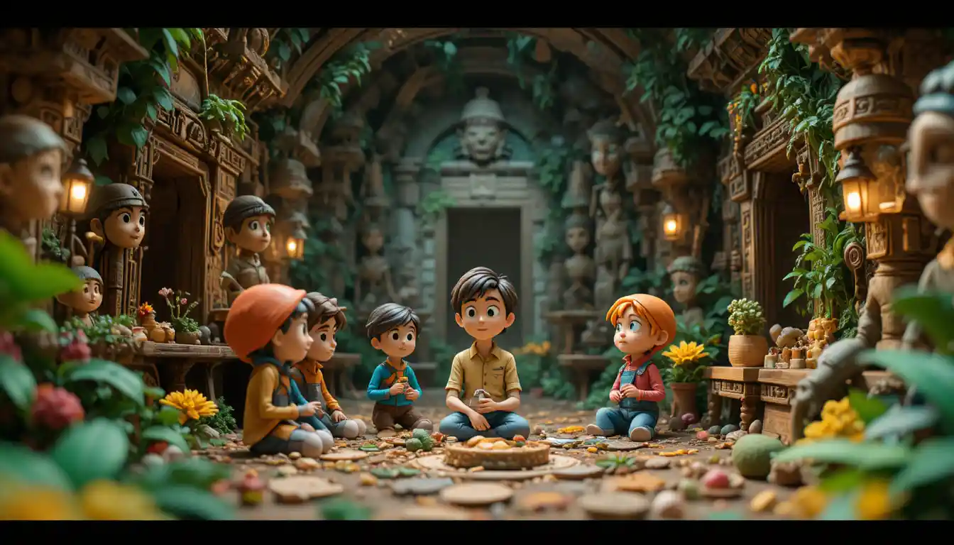 Bambini giocherelloni che esplorano una scena di tempio maya fantastico