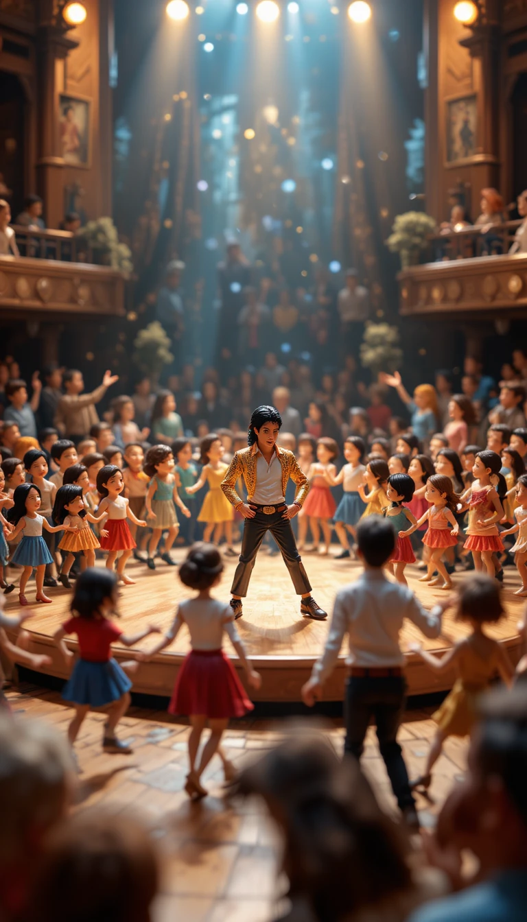 Playful 3D crowd dancing in a cozy concert hall