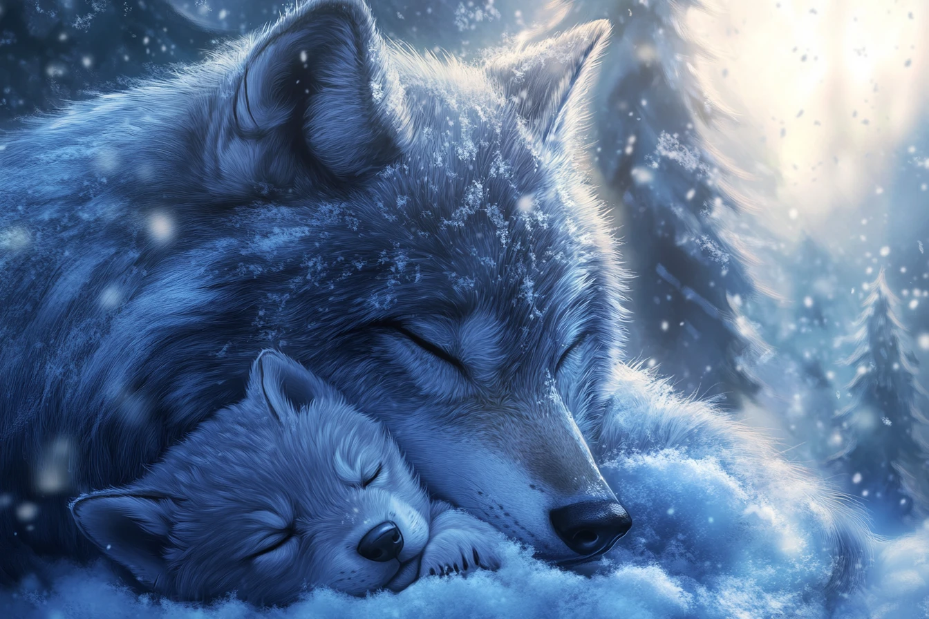 Wolf mother guarding her sleeping pup in snowy twilight forest