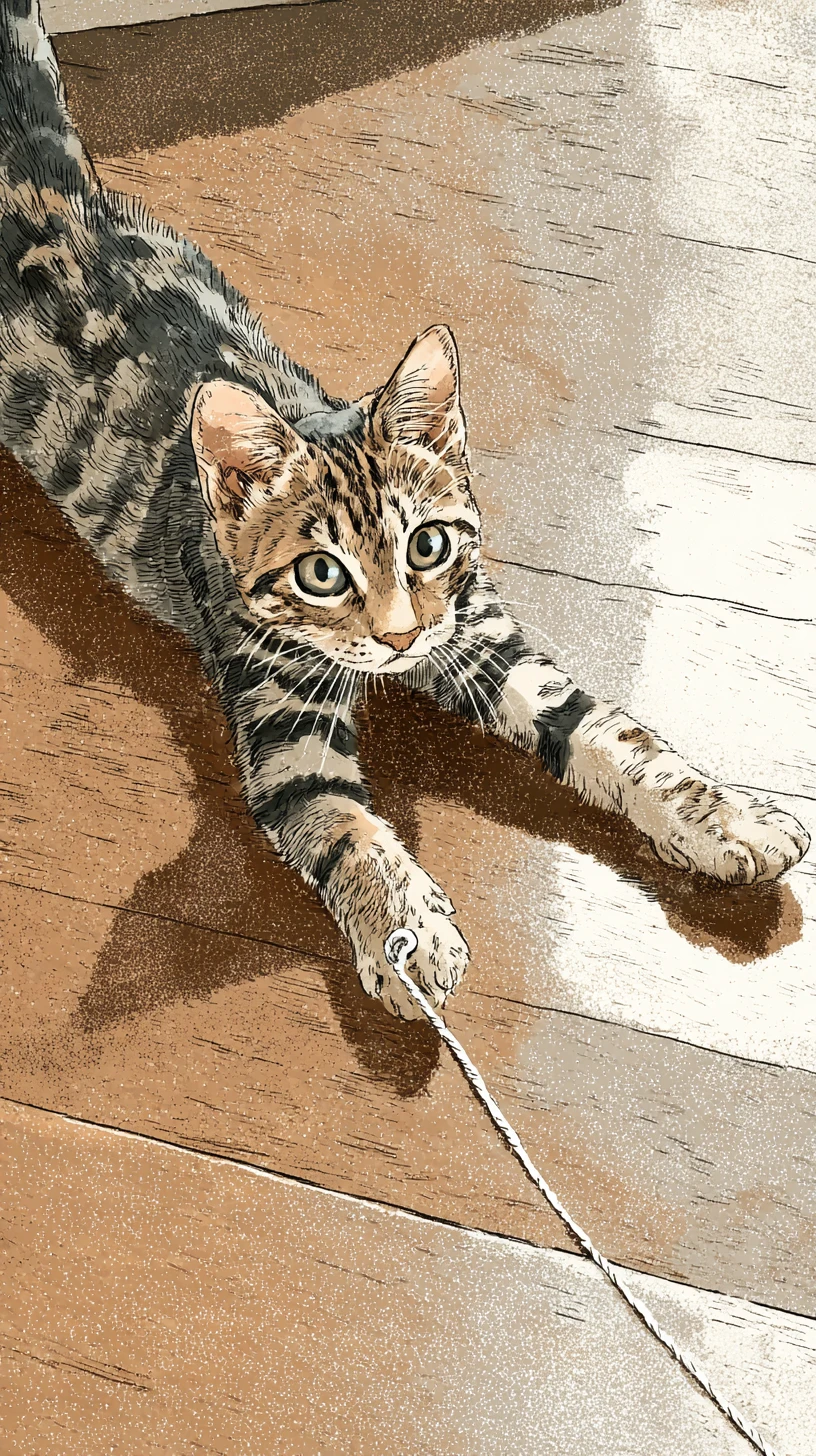 Playful tabby cat leaping toward yarn on wooden floor