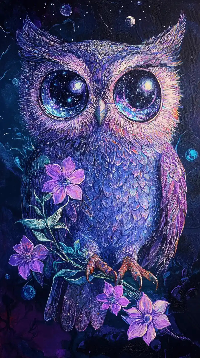 Round owl with moonflowers in a glowing night scene