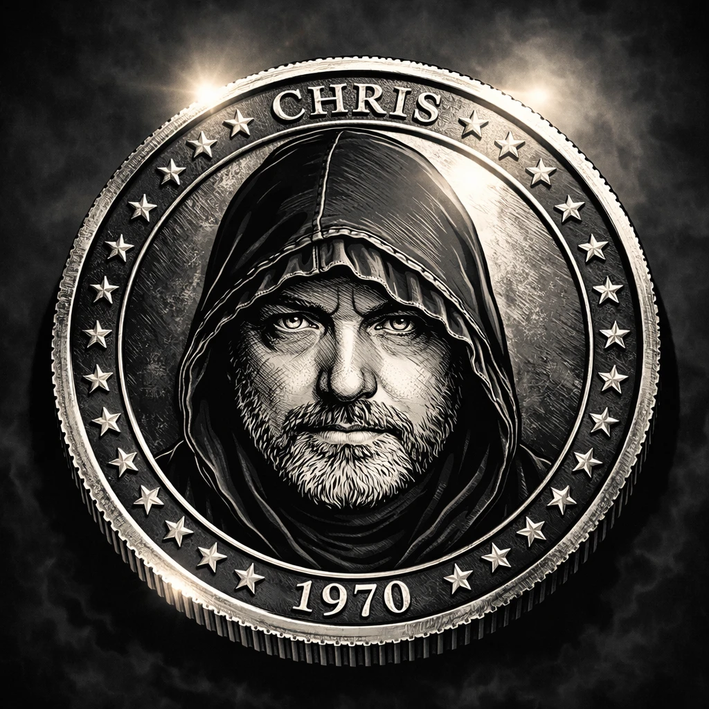 Engraved silver coin with hooded man in dramatic close up