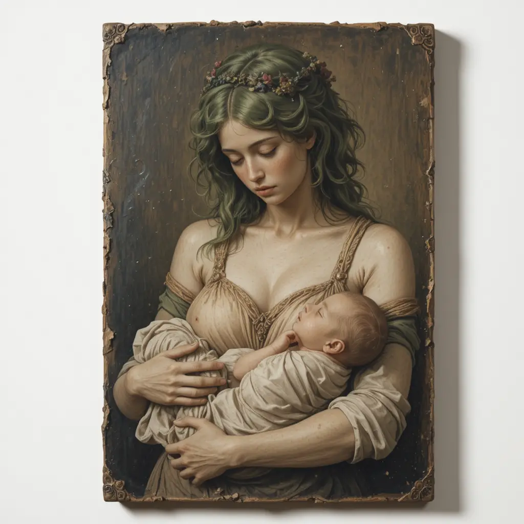 Donna lentigginosa dai capelli verdi che culla un bambino in stile vintage