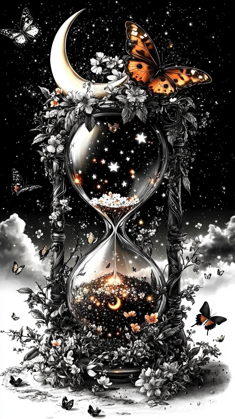 Celestial hourglass with flowers stars and butterflies