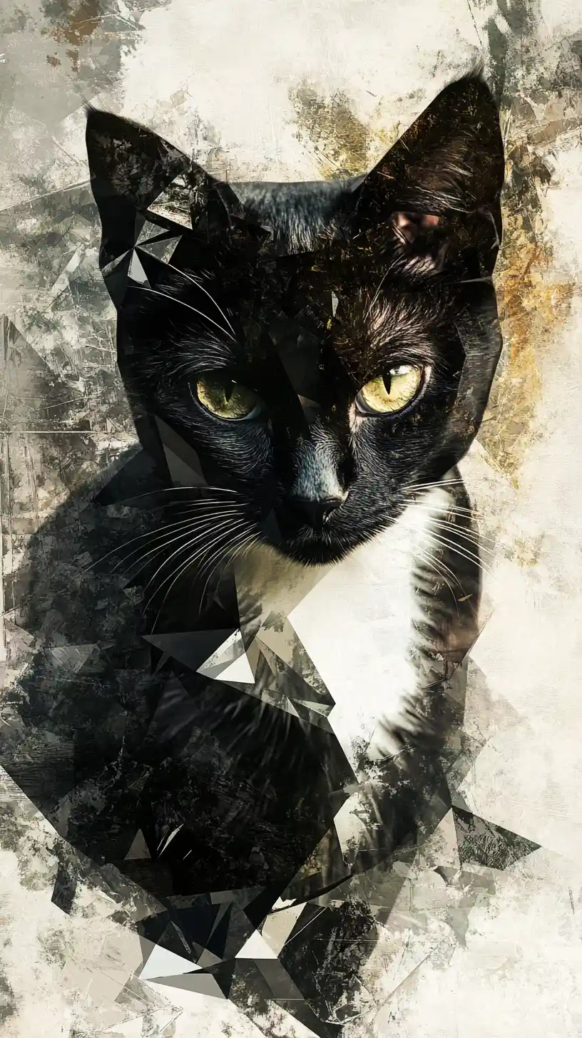 Retrato geométrico de gato tuxedo en estilo cubista moderno