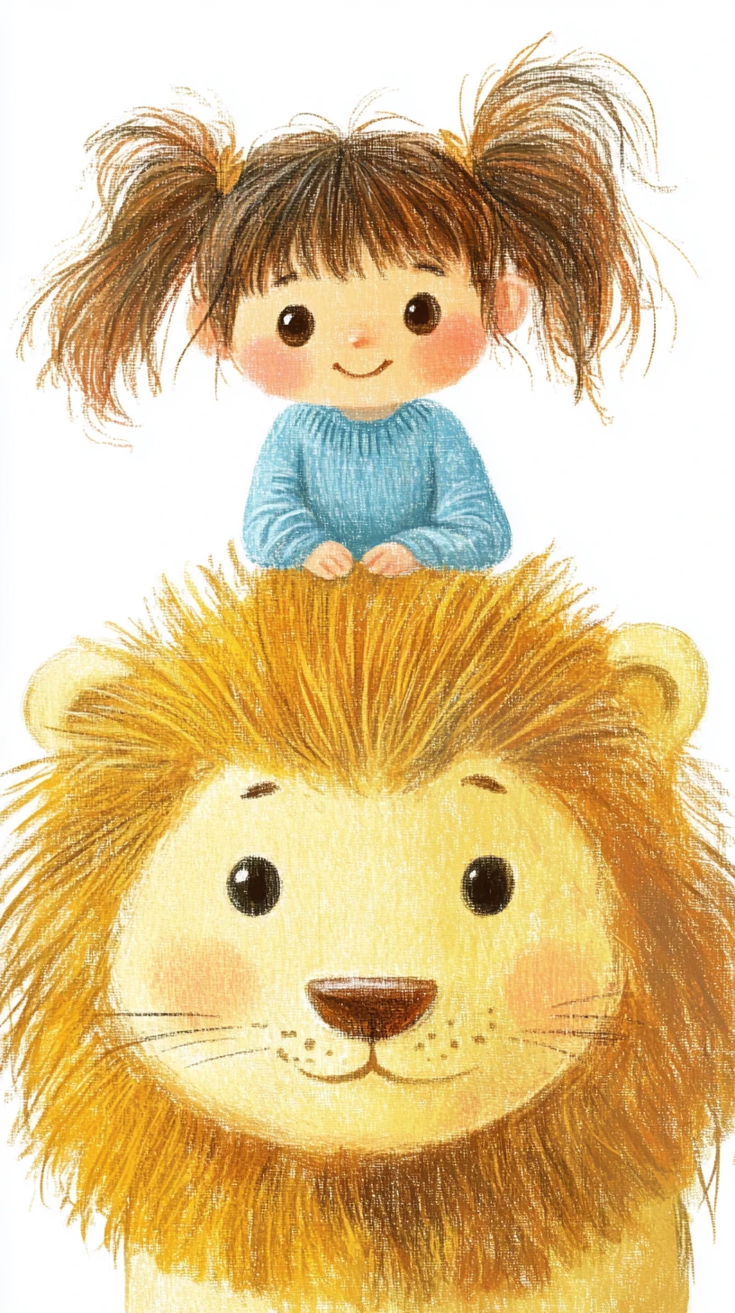 Little girl riding a fluffy yellow lion in gentle illustration