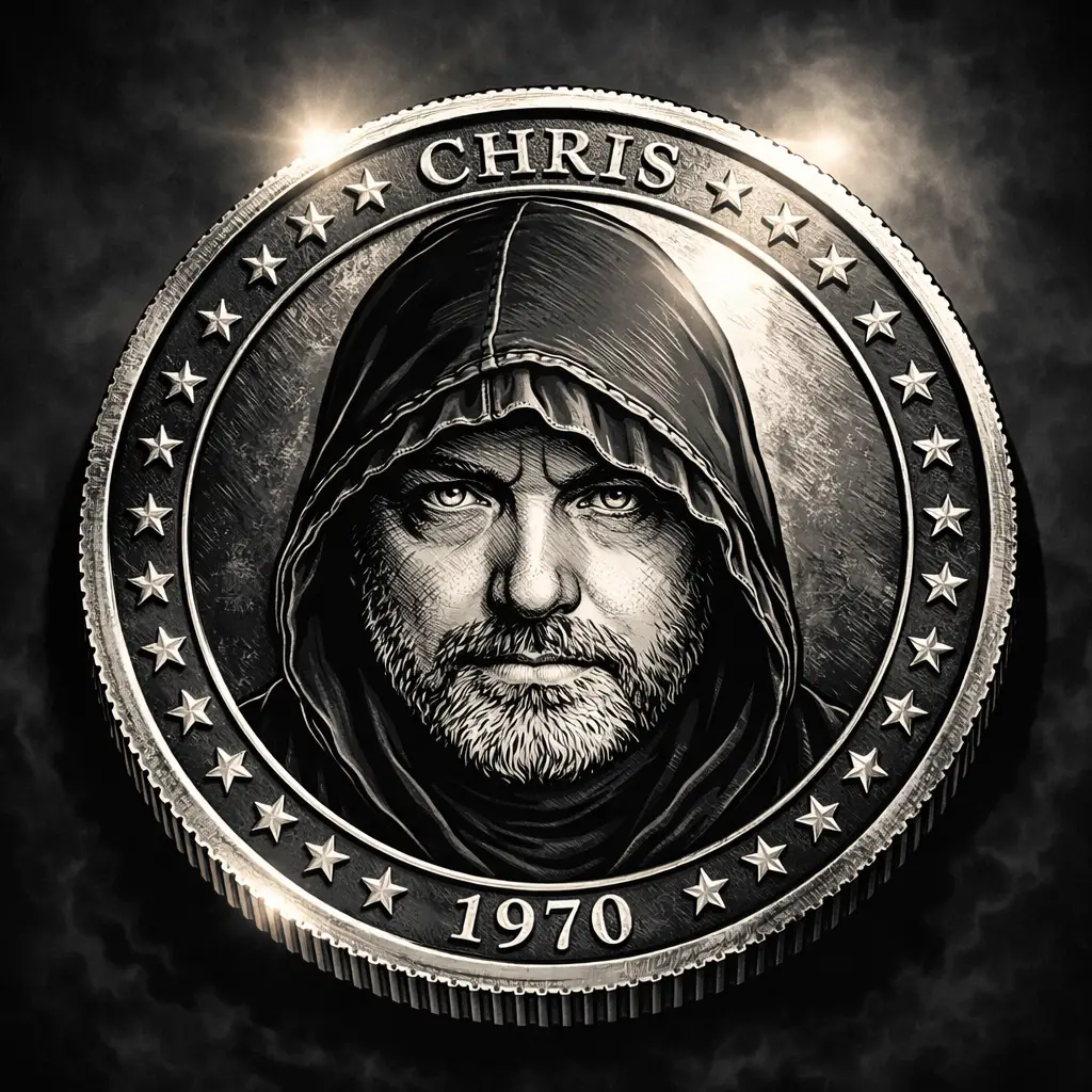 Engraved silver coin with hooded man in dramatic close up
