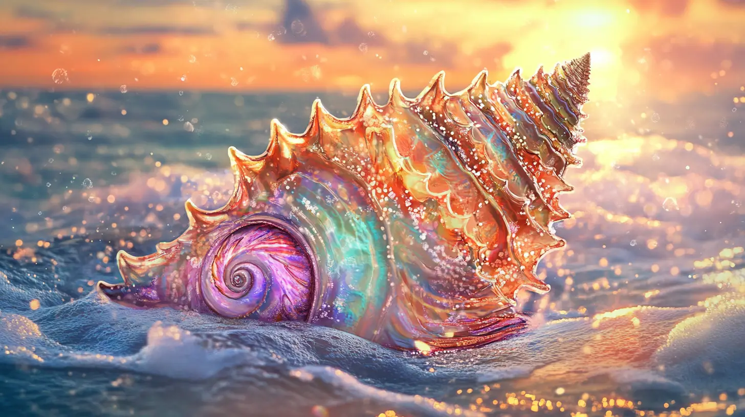 Neon seashell double exposure against serene ocean backdrop