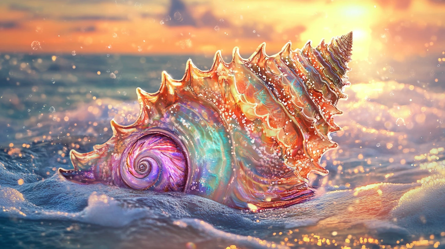 Neon seashell double exposure against serene ocean backdrop