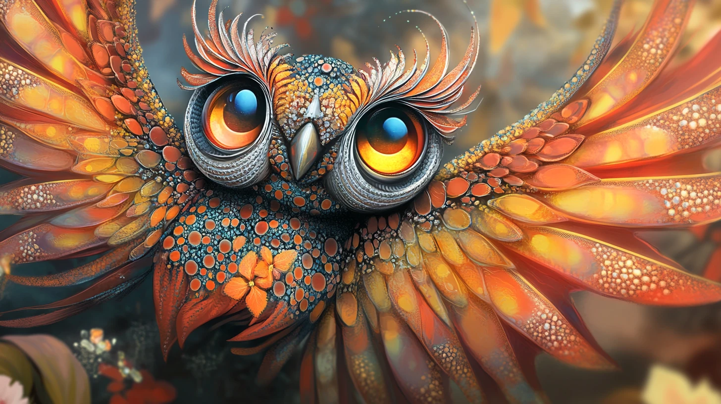Colorful fairy with iridescent wings on floral gradient background