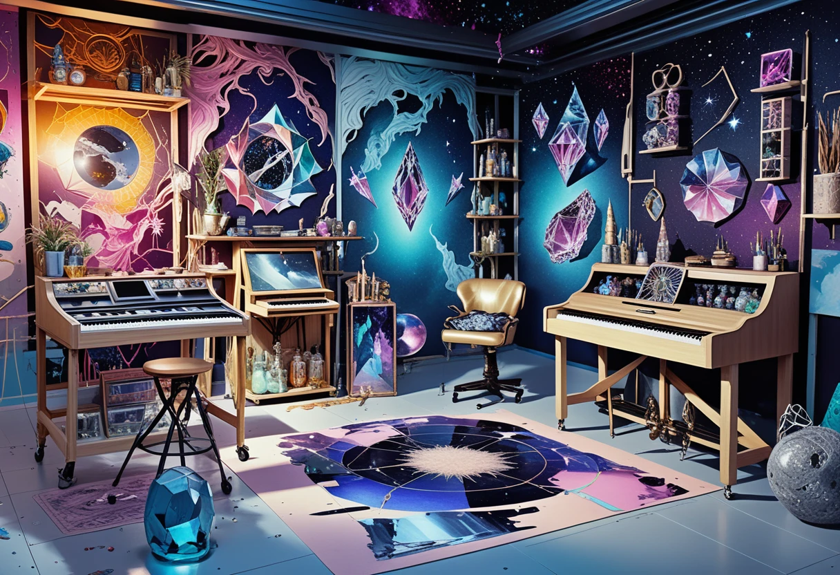 Solar punk loft studio with central canvas and crystals
