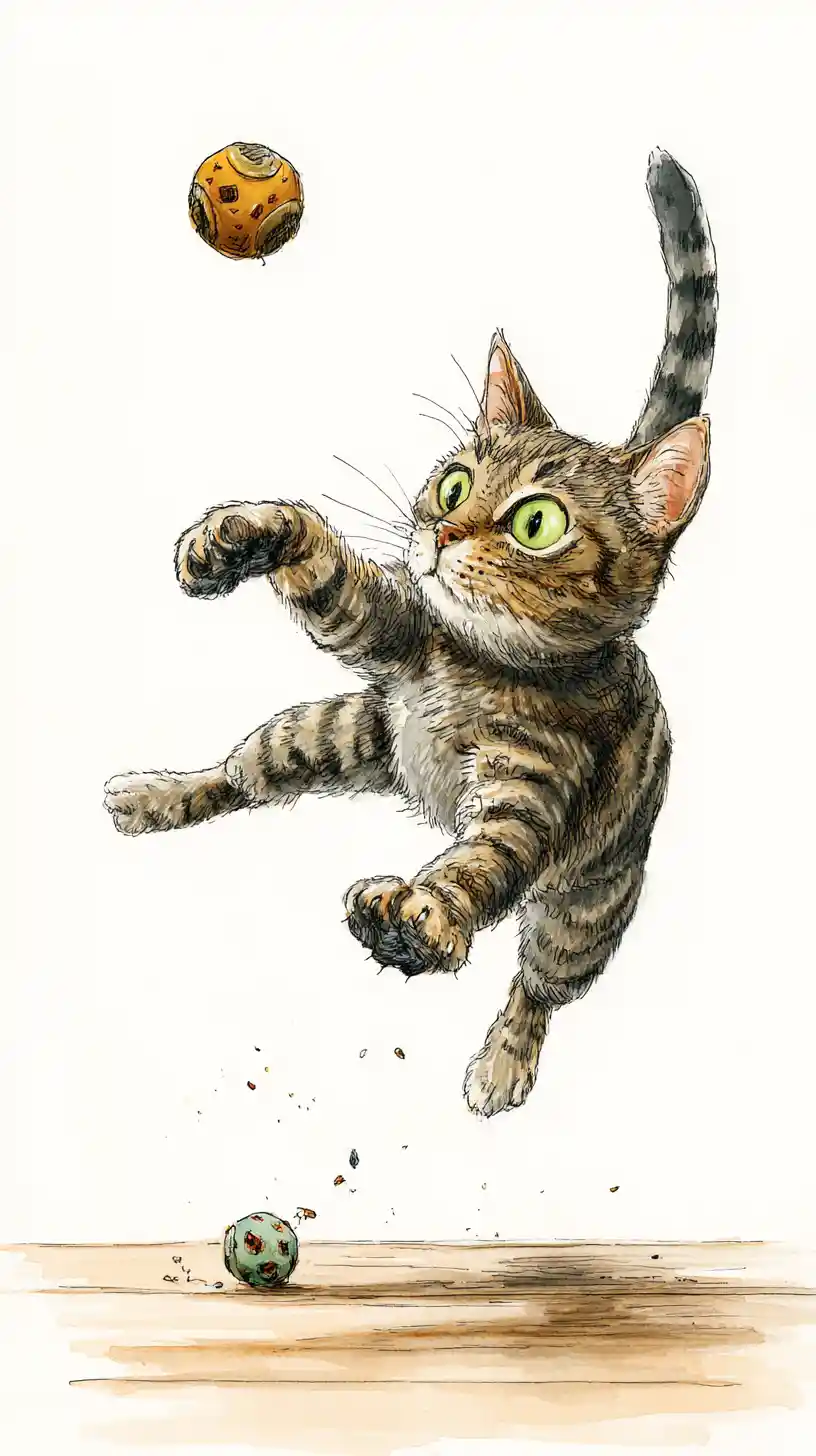 Playful watercolor tabby cat leaping after a toy