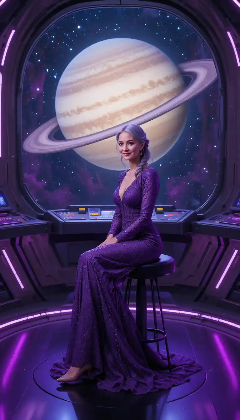 Donna matura elegante in abito viola in una stanza futuristica