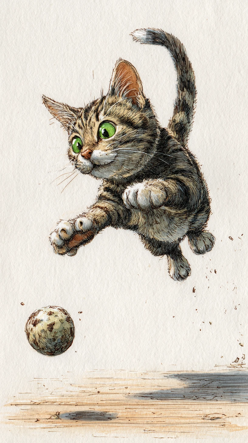 Playful tabby cat leaping toward a toy in watercolor