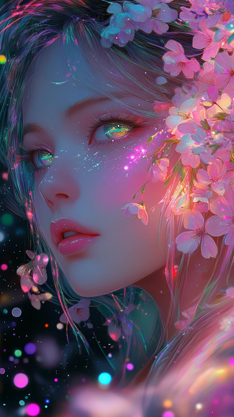 Neon anime girl portrait with glowing cherry blossoms