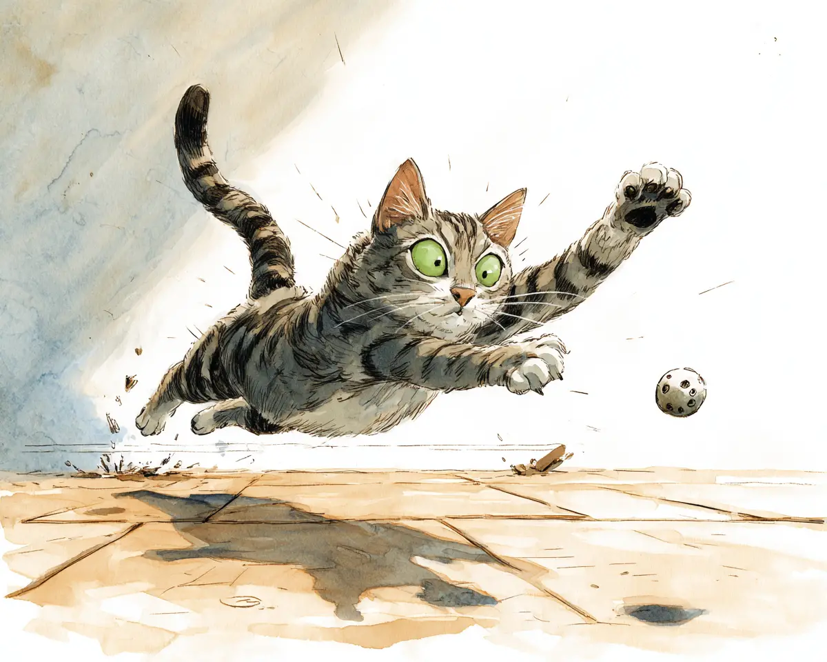 Playful Tabby Cat Leaping Toward A Spotted Toy Indoors