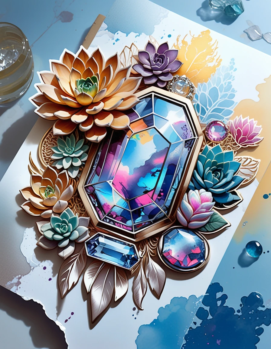 Colorful gemstone jewelry with neon succulents illustration